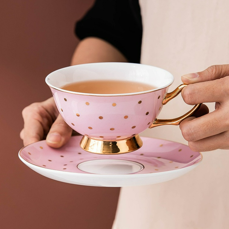 Water Tea And Coffee - Keramik-Kaffeetassen in Rosa mit Untertassen, Büro-Trinkbecher,
