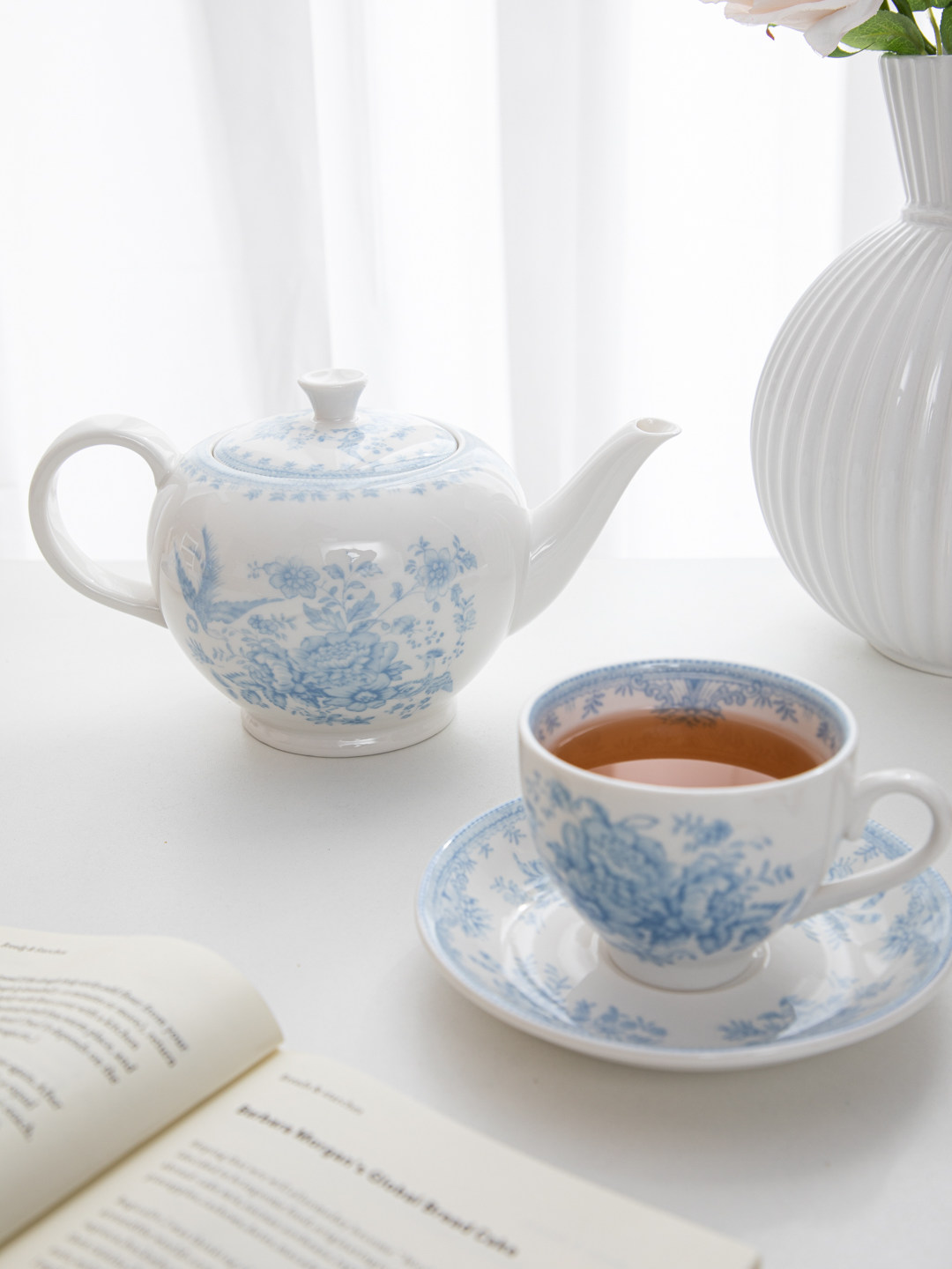 Espresso Cup Saucer - Retro-Set aus blauem Pfingstrosen-Design: Nachmittagstee-Tasse und