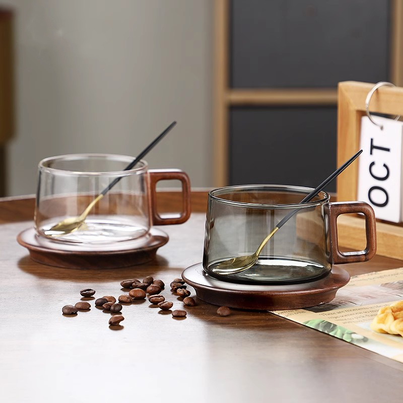 Espresso Cup Saucer - Kaffeetasse mit Holzgriff und Löffel, 200