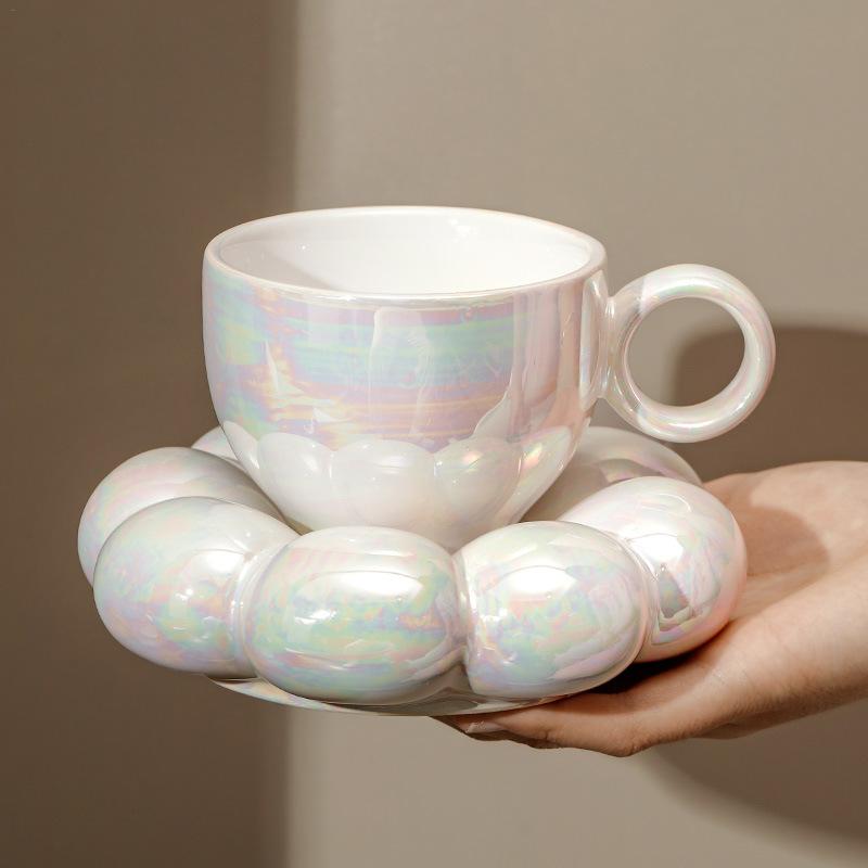 Espresso Cup Saucer - Keramik-Cappuccino-Kaffeetasse und Untertasse, Set in Blumenform,