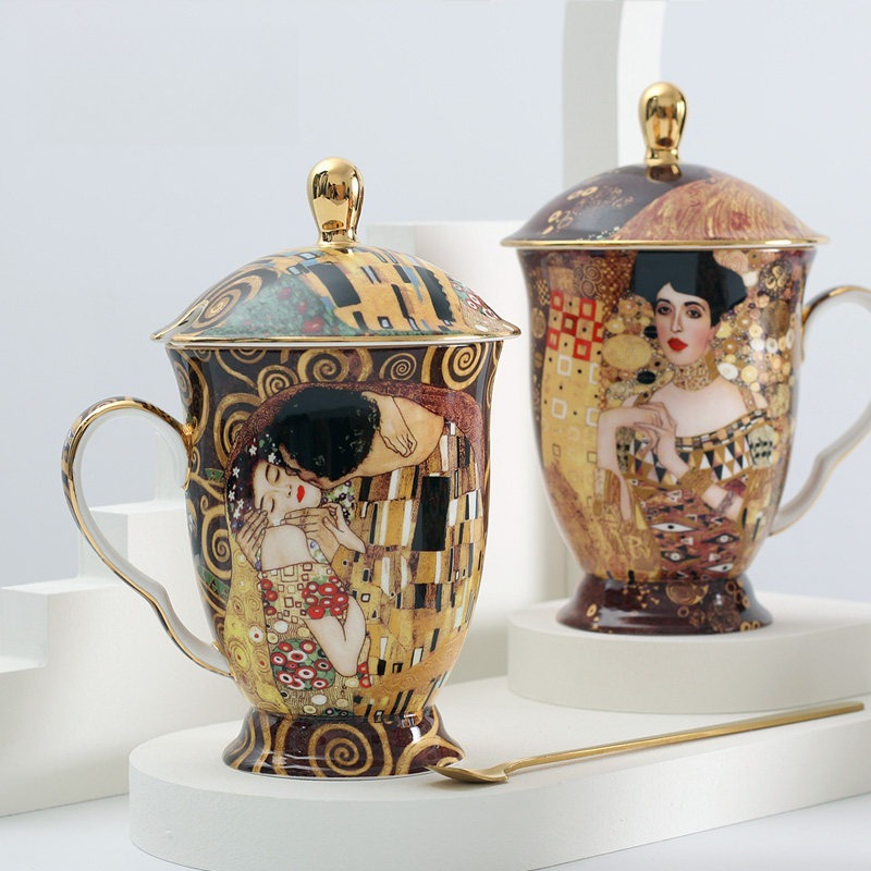 Coffee Tea Chocolate - Europäische Keramiktasse mit Deckel und Löffel,